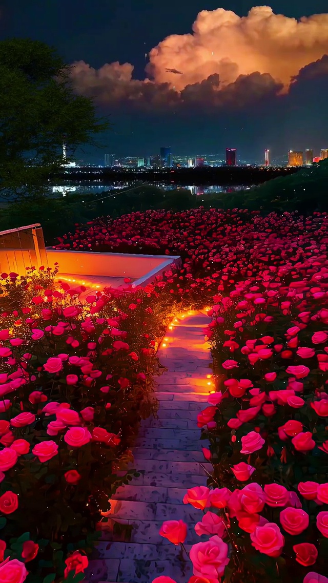 浪漫的花海与烟花