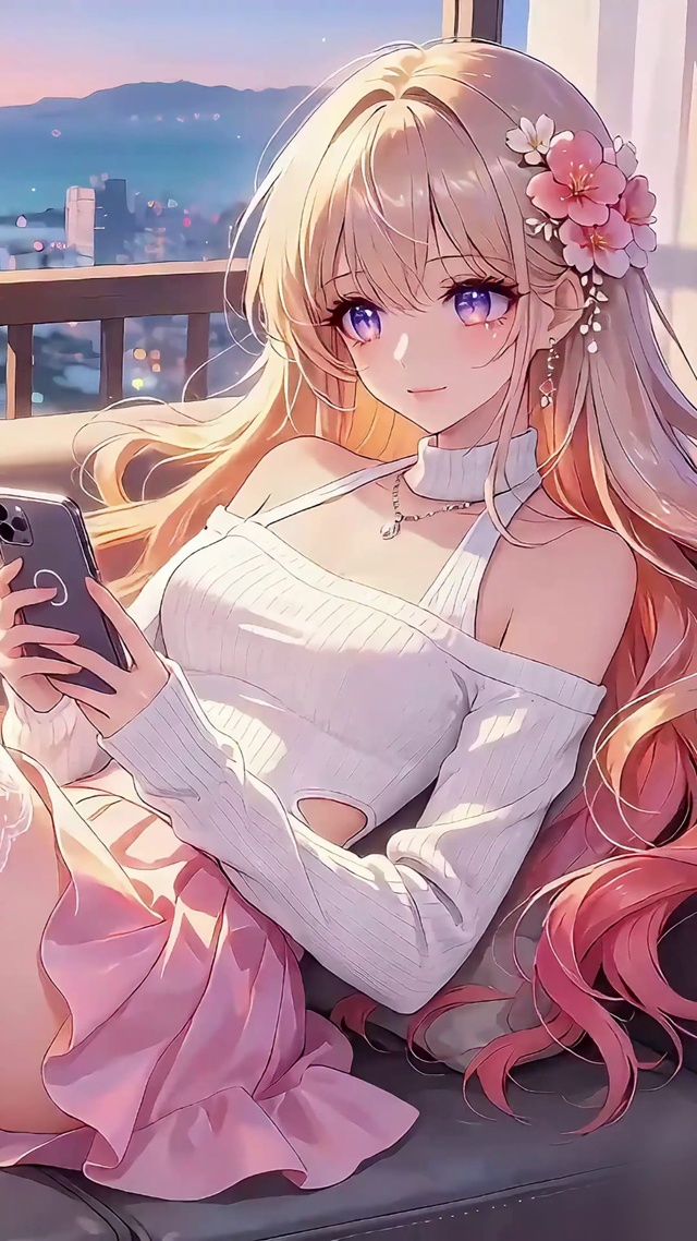 樱花窗晒晨光的少女