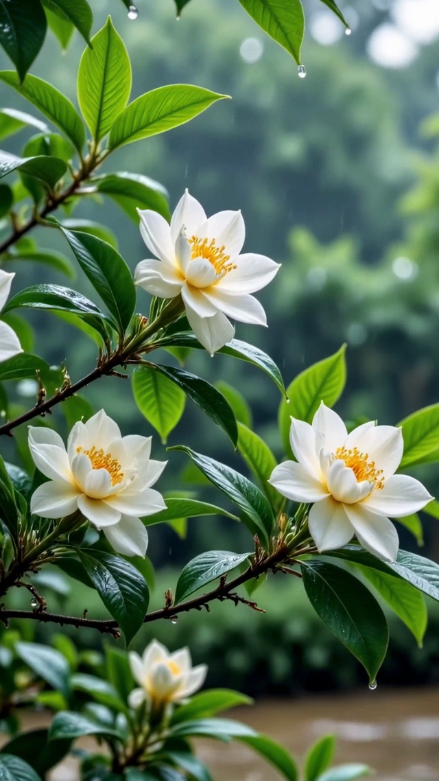 雨中凉亭与花朵