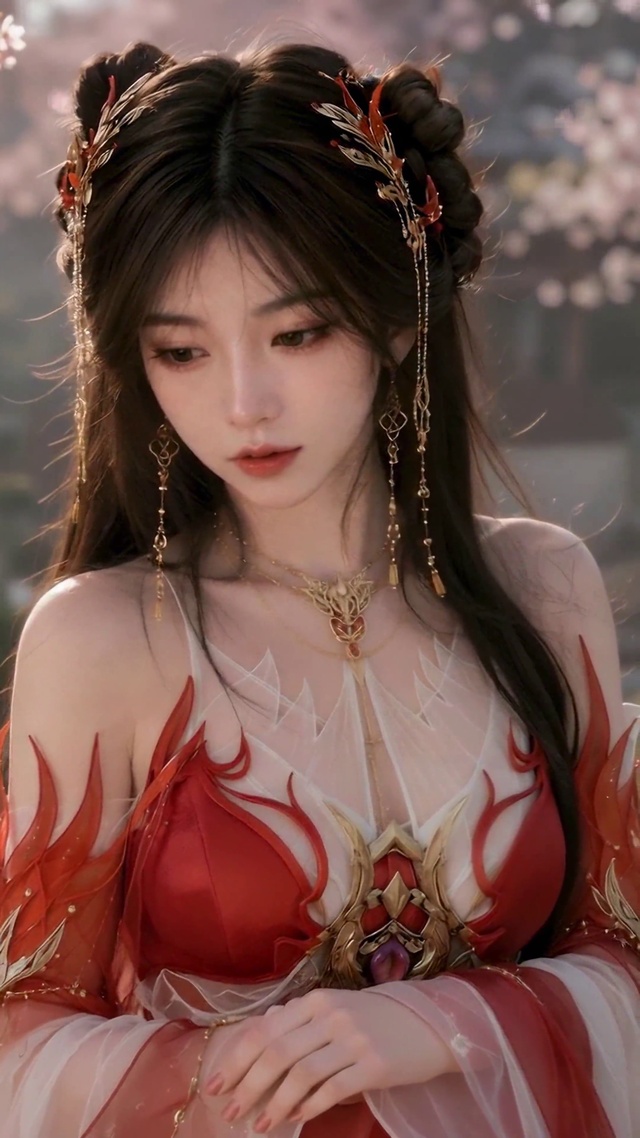 古风红裙美女樱花庭院