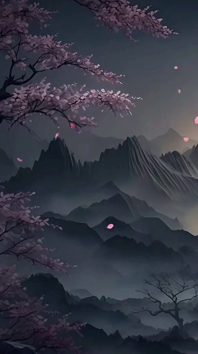古风樱花树木夜景河流