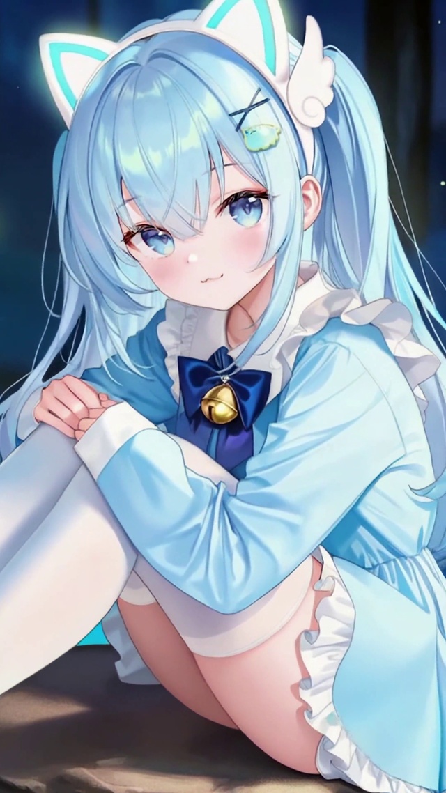 蓝发猫耳少女 林间溪流之夜