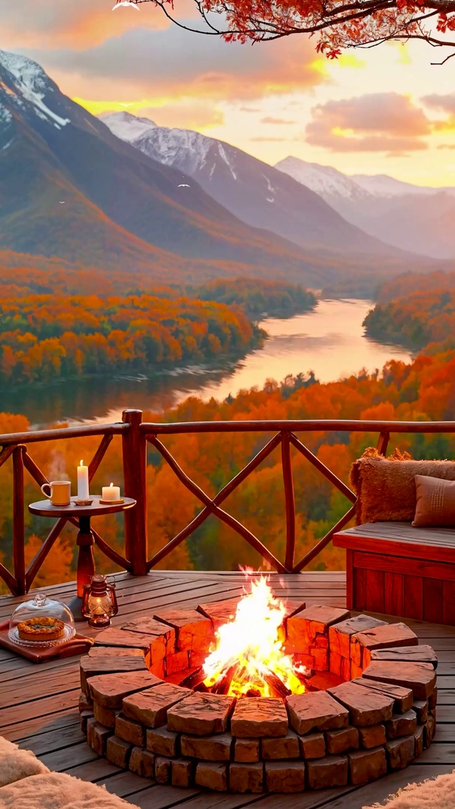 秋天夕阳下高山河流