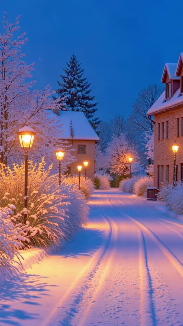 唯美雪天夜景小路
