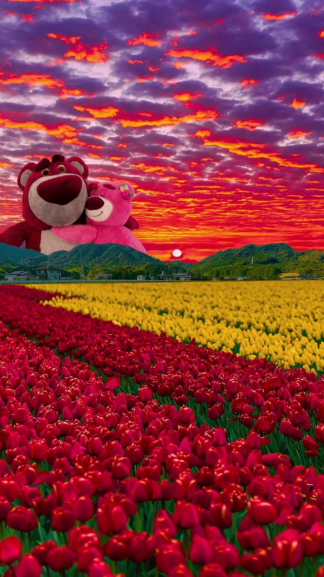 夕阳草莓熊郁金香花海