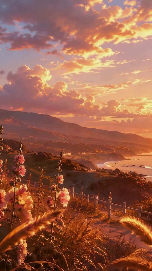 日落海岸浪漫花海