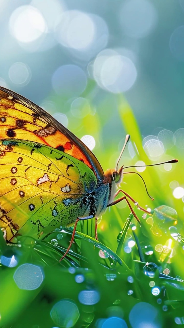 护眼绿色清晨露珠上蝴蝶