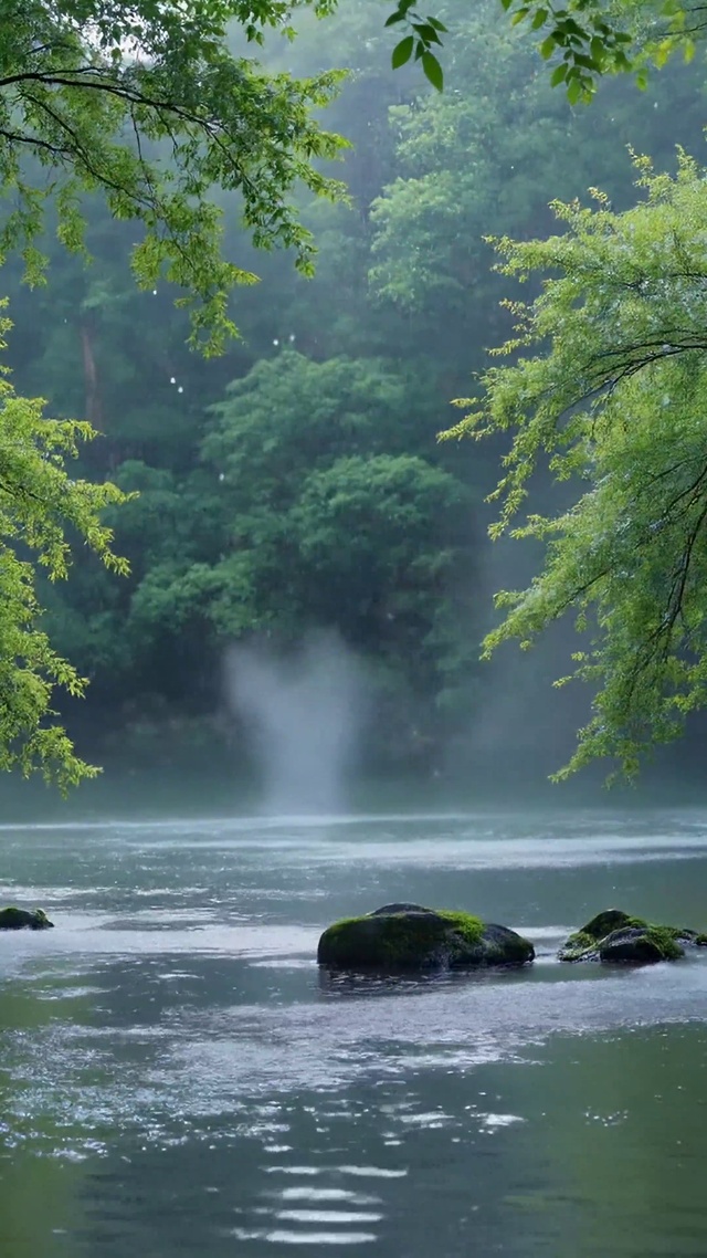 烟雨绿意林间溪流