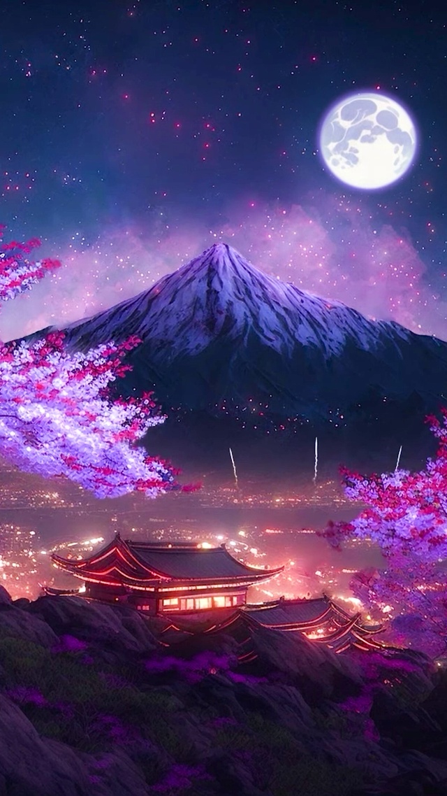 唯美月夜樱花古城