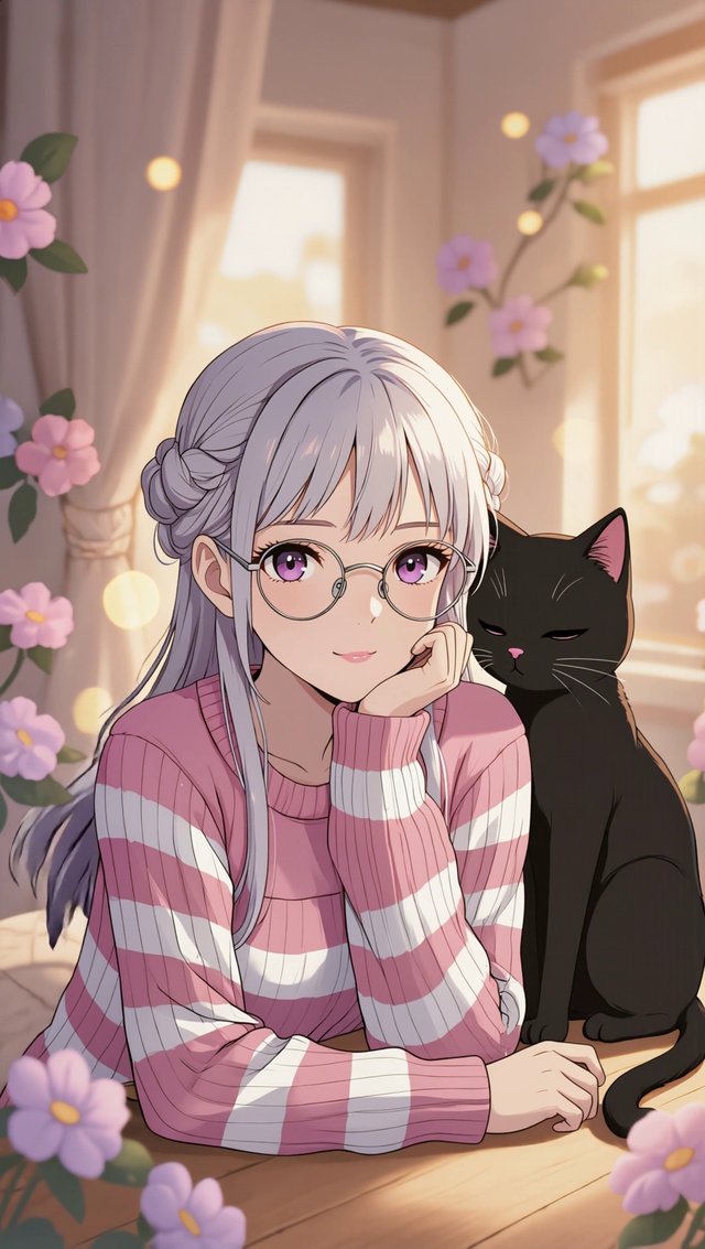 可爱女孩和黑猫