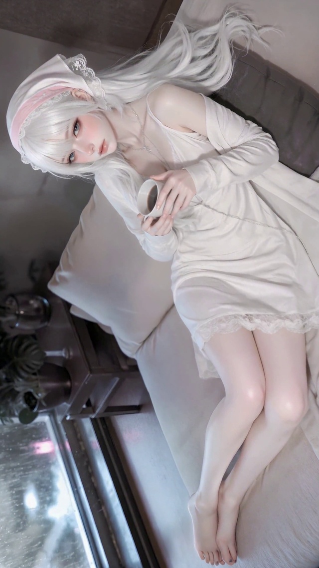 雨天居家纯欲白发美少女