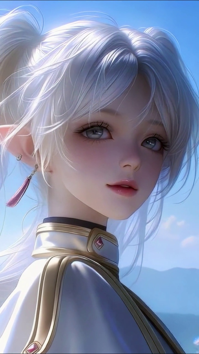 晴空下的银发精灵美少女