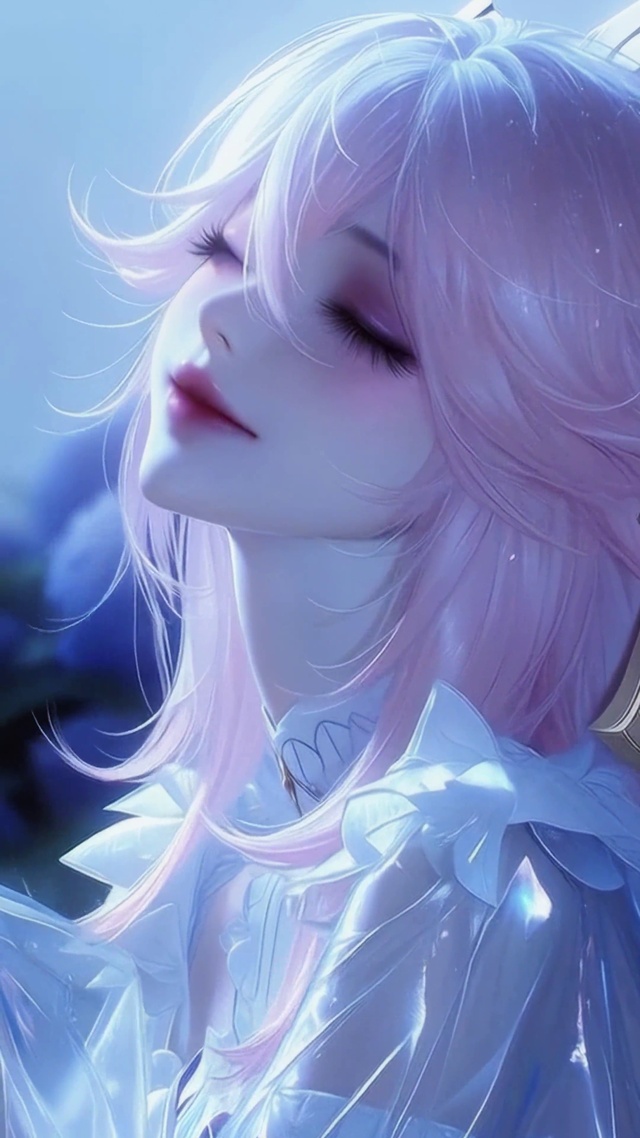 雨中粉发二次元美少女