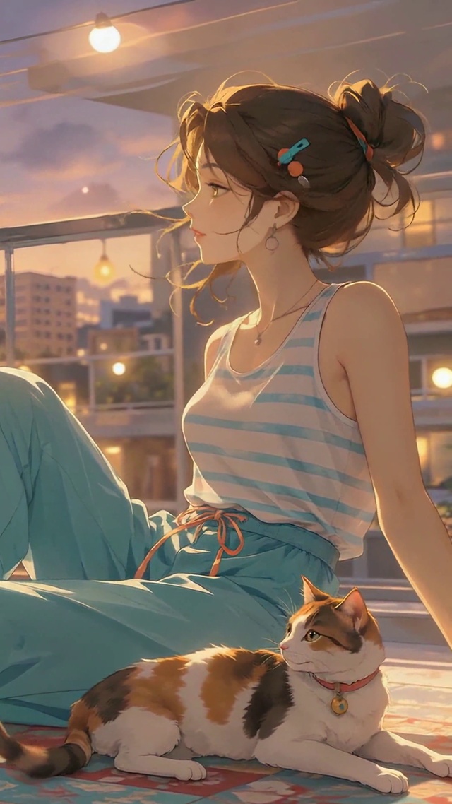 夏日傍晚阳台少女与猫