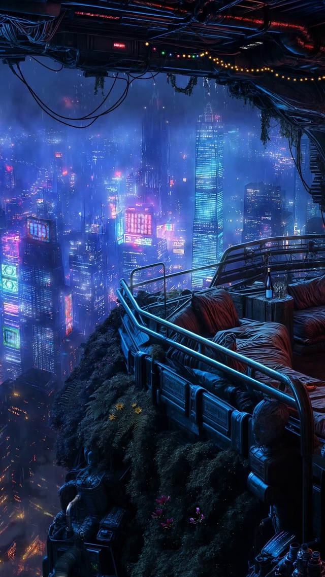 未来城市雨夜阁楼