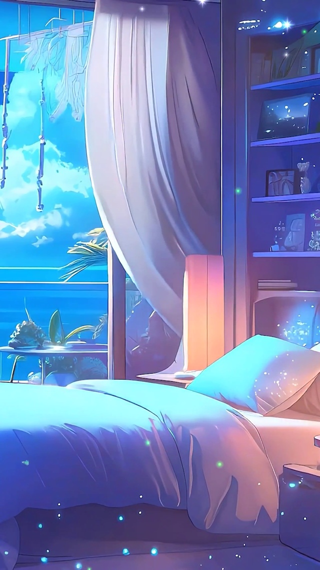 星空树木海景房屋