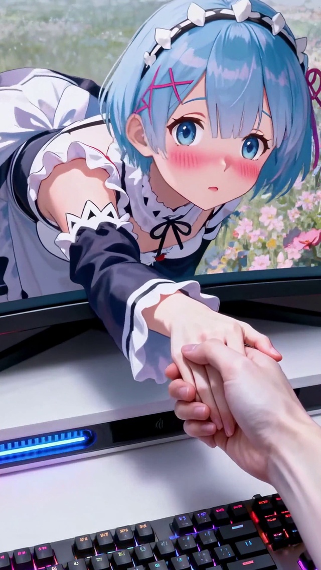 次元女仆女孩蓝发雷姆与现实互动