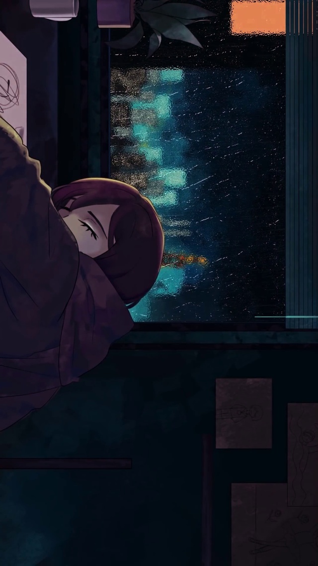 雨夜睡觉的女孩