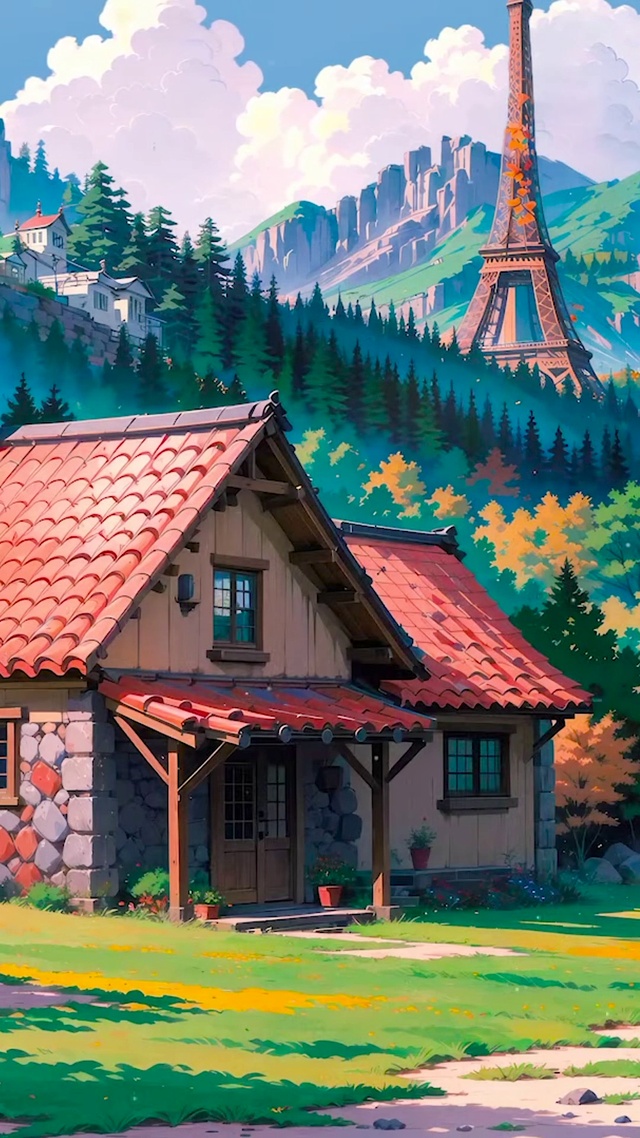 治愈秋景山下小屋