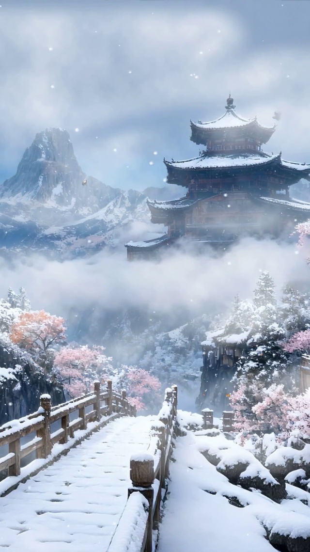古风樱花树木河流雪景