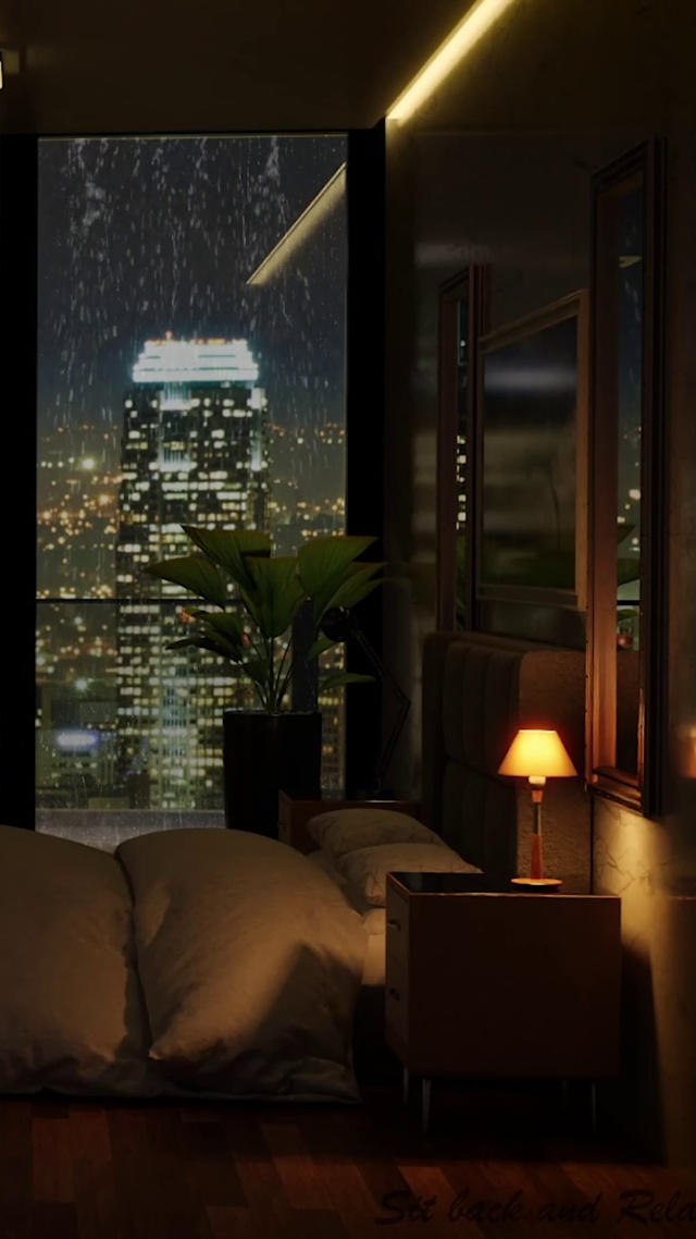 夜晚卧室城市大雨(风景手机动态壁纸) - 风景手机壁纸下载 - 元气壁纸