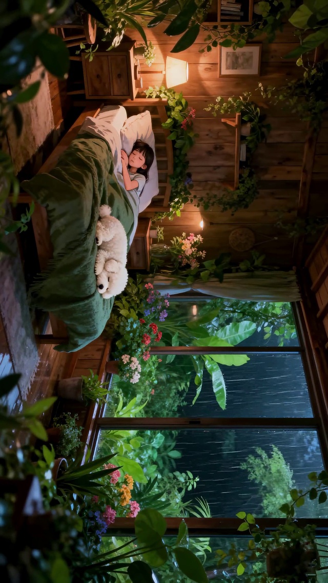 雨中森林木屋的卧室与宠物共眠