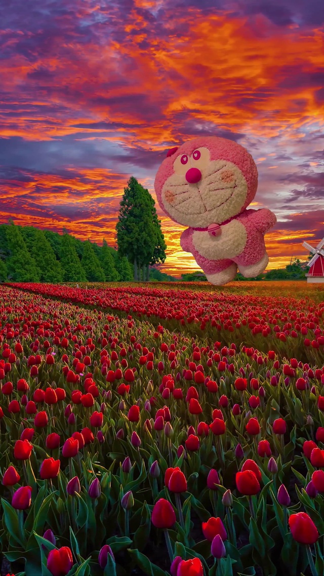 夕阳叮当猫郁金香花海