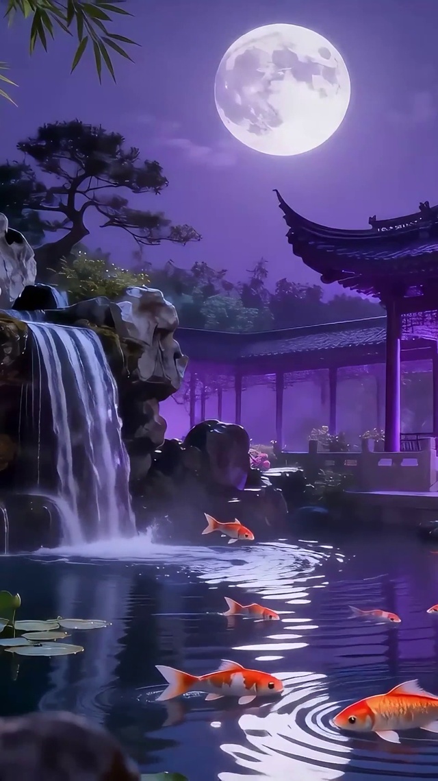 古风夜景池塘