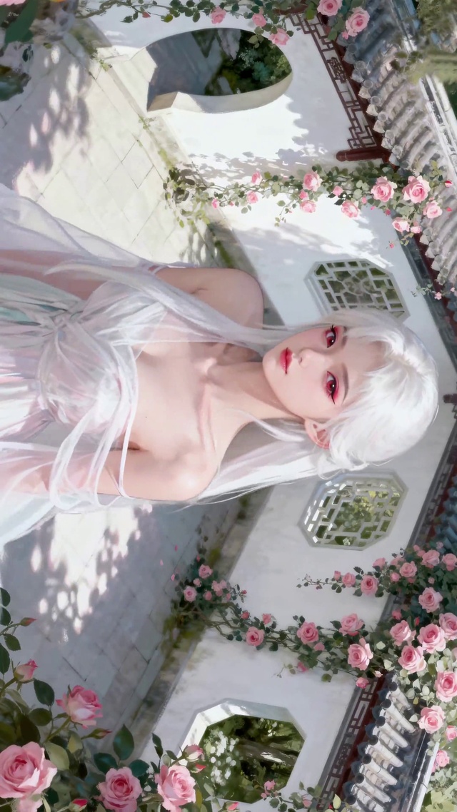古风庭院白发美少女
