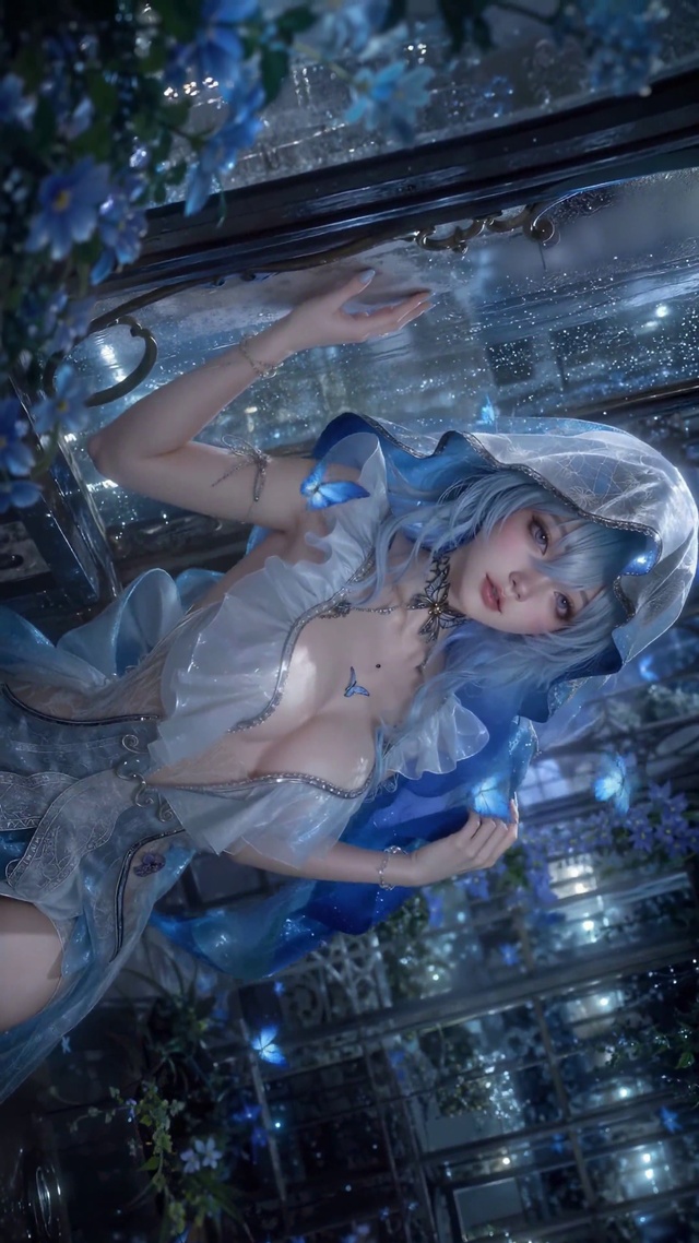 蓝雨窗边蓝发二次元美少女