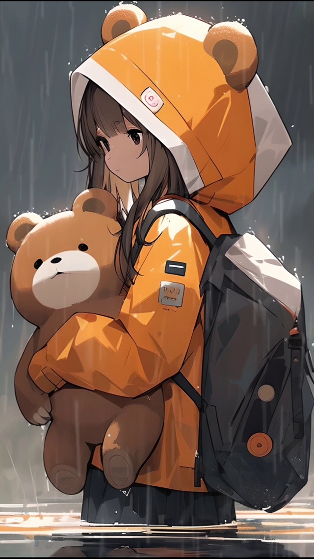 雨中的抱娃娃女孩