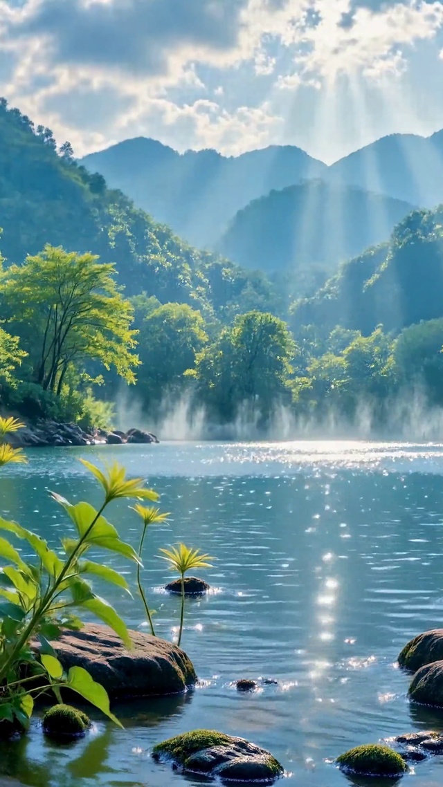 清新山水晨光治愈风景