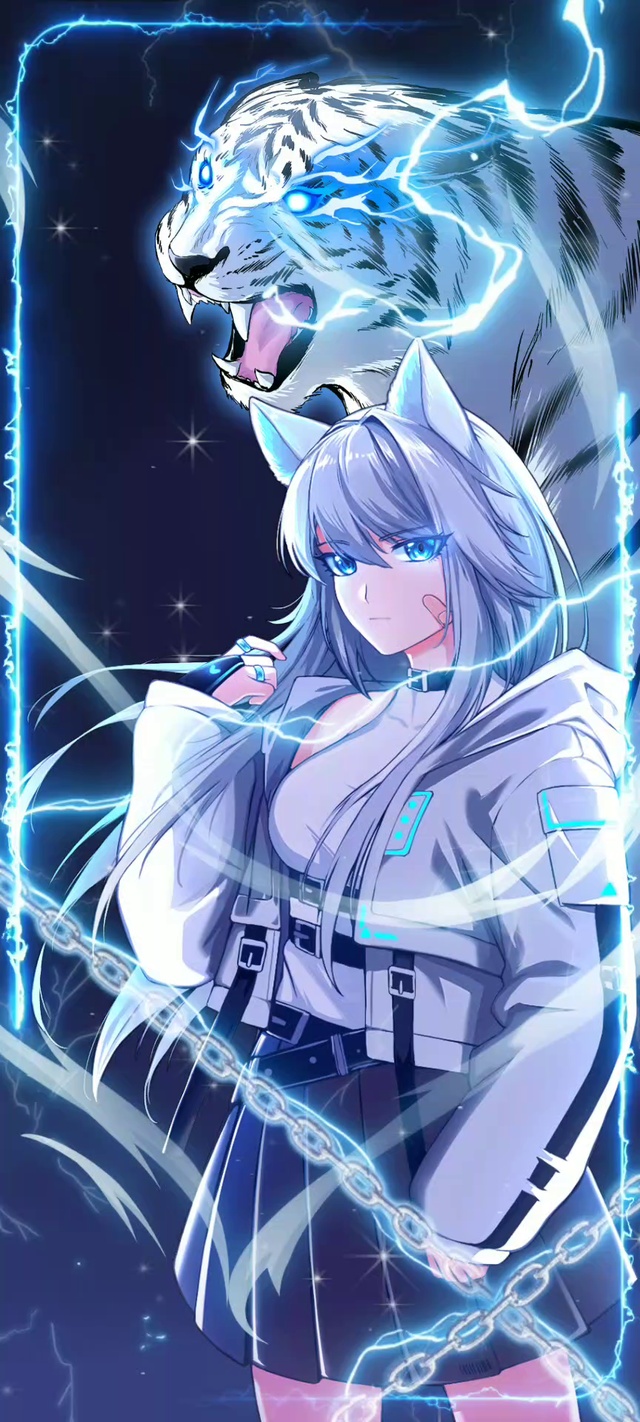 极光雷电神兽虎守护白衣少女