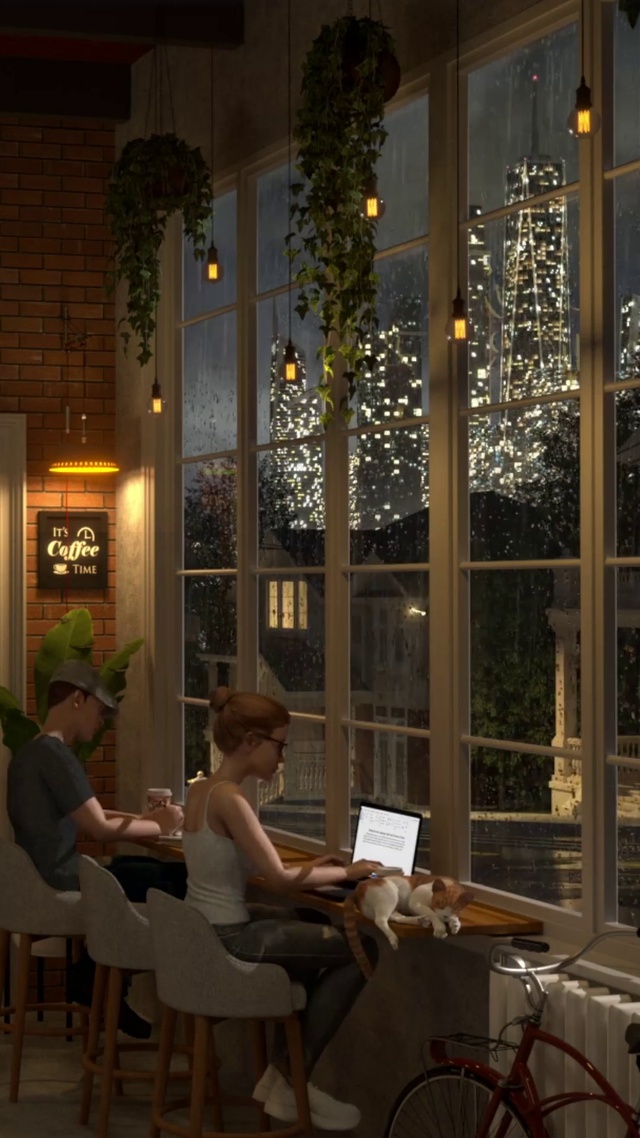 雨夜在舒适的咖啡厅办公