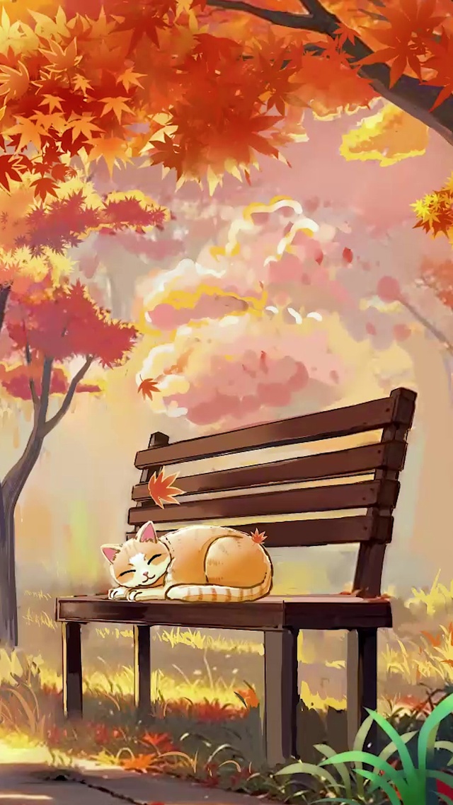 红叶树林的小猫