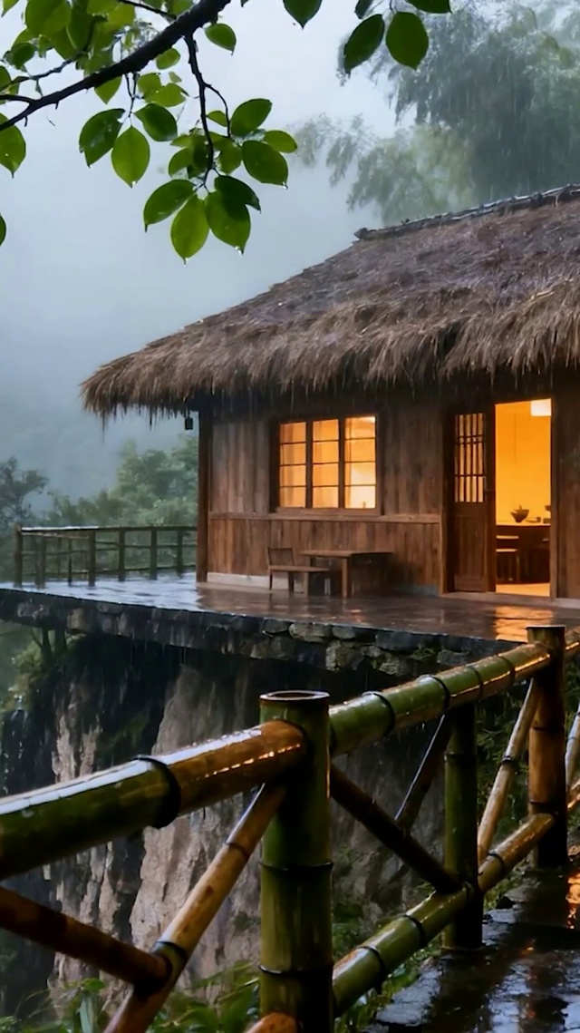 护眼雨天树木房屋