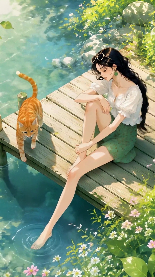 夏日溪边少女与橘猫