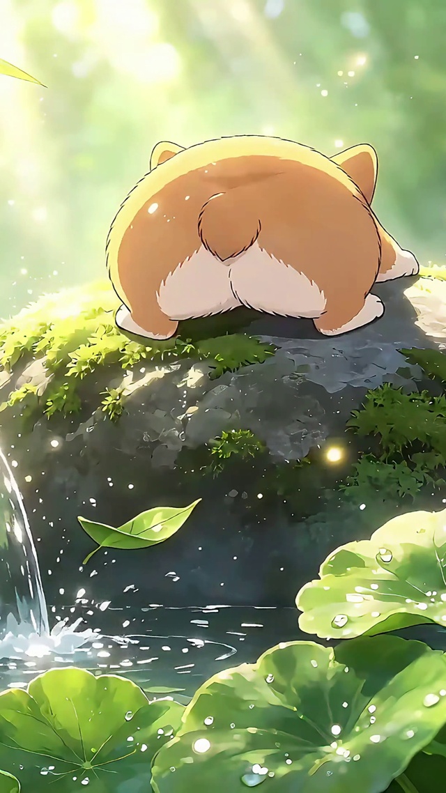 竹林流水纳凉的呆萌柯基