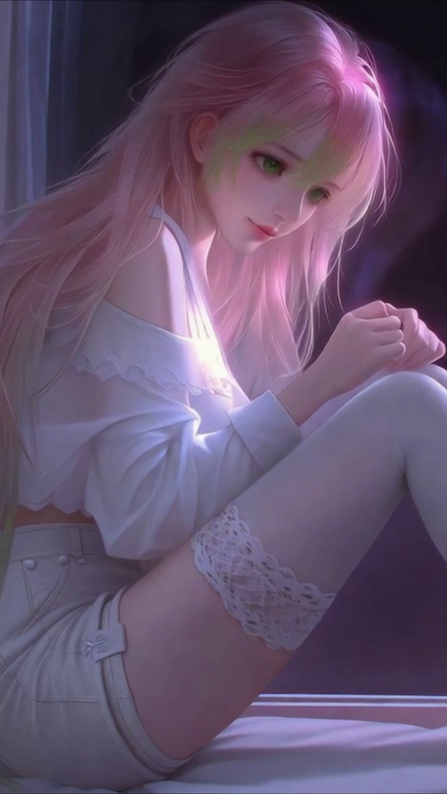 紫夜窗边粉发温柔美少女