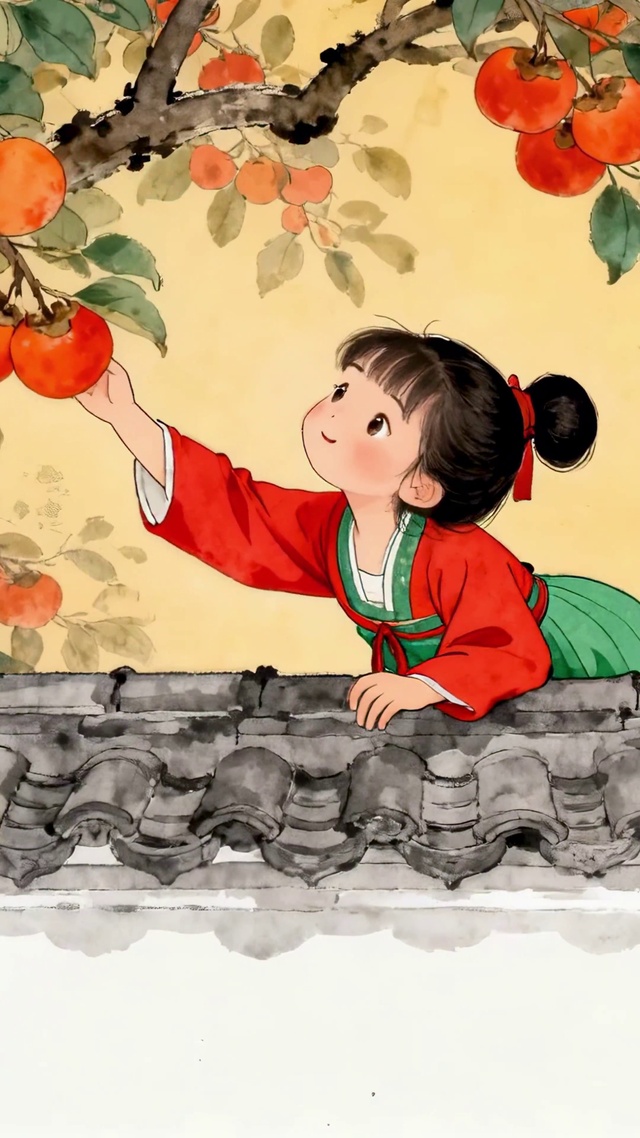 国风小清新可爱女孩摘柿子