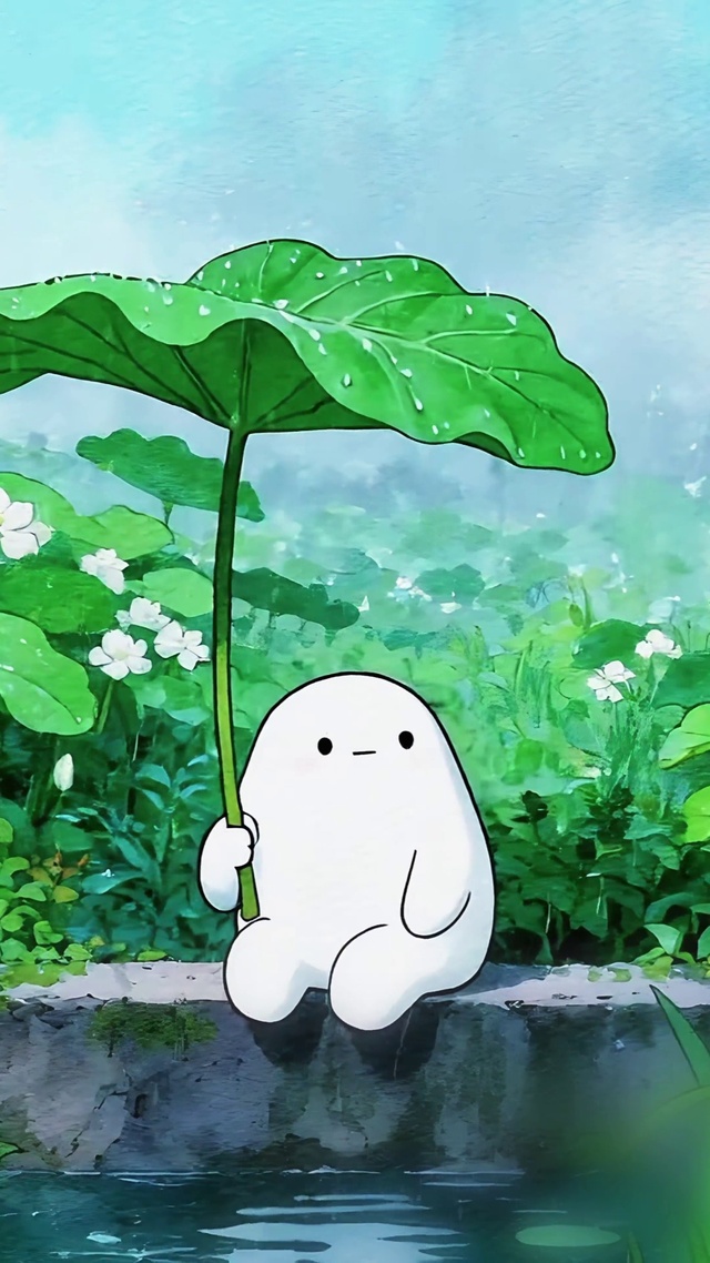 荷叶伞下赏雨听蛙