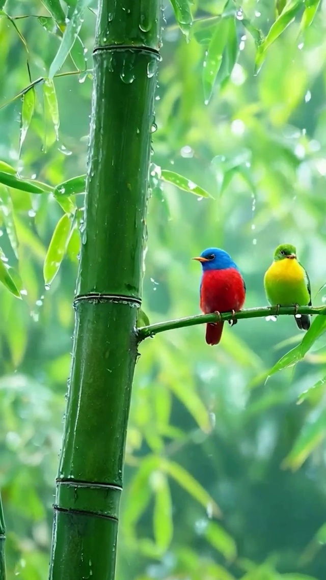 雨天竹林两只小鸟