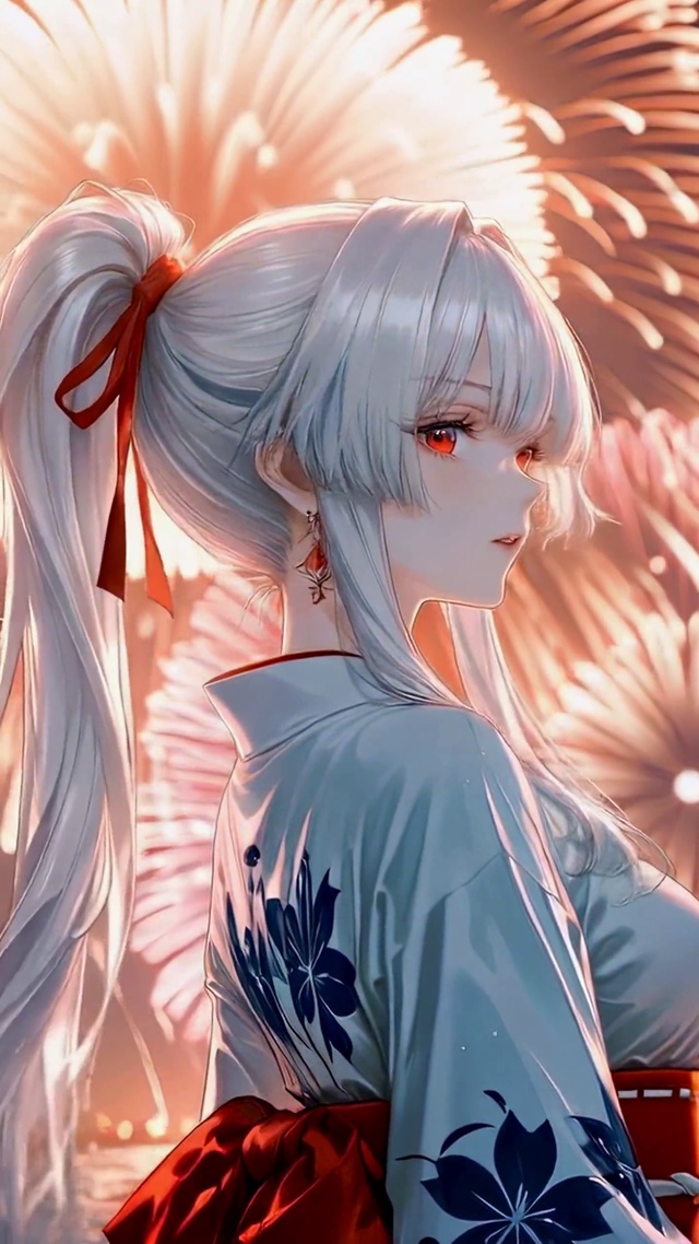 夏夜花火下的银发美少女