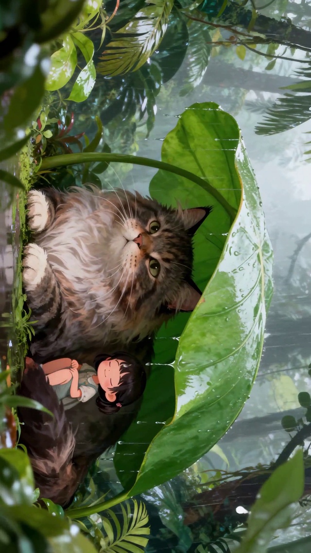 躲雨大猫与小女孩