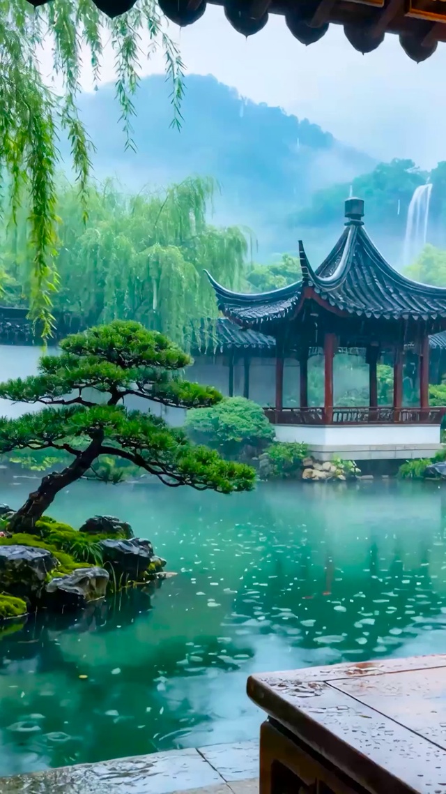 国风园林雨景