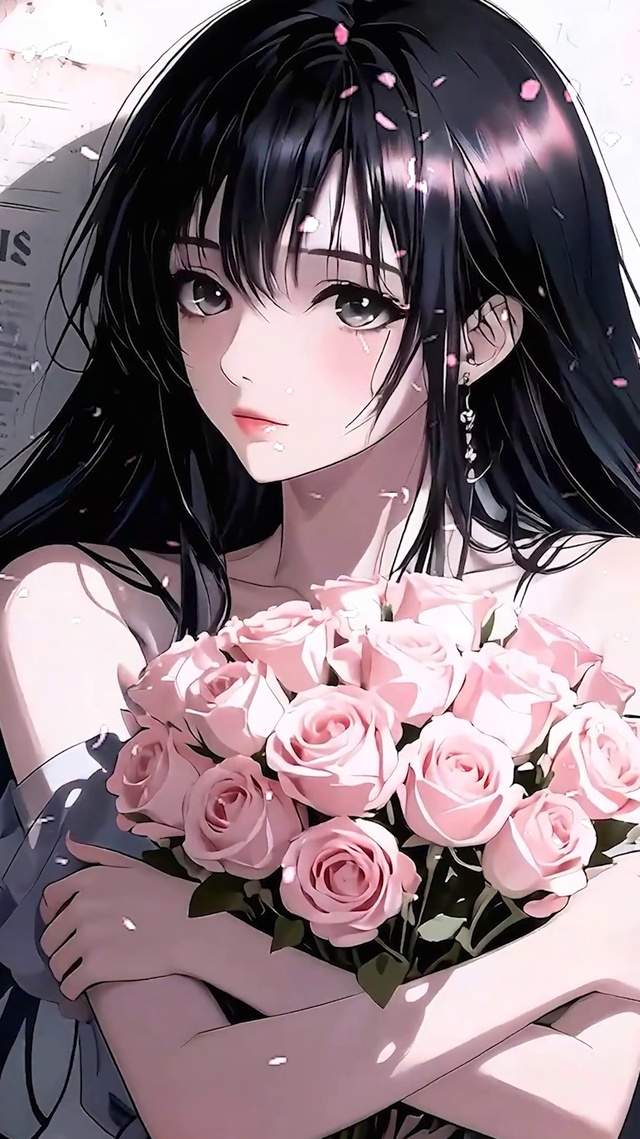 手捧鲜花长发女孩