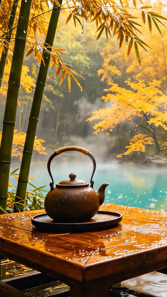 国风竹林木屋雨景