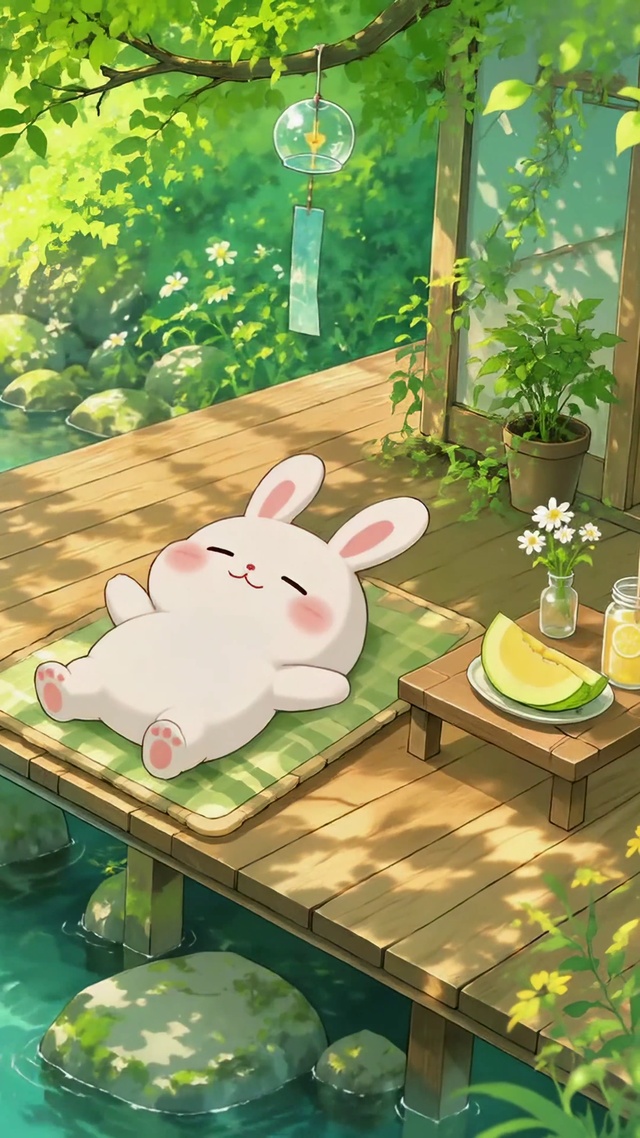 夏日溪边治愈可爱小兔