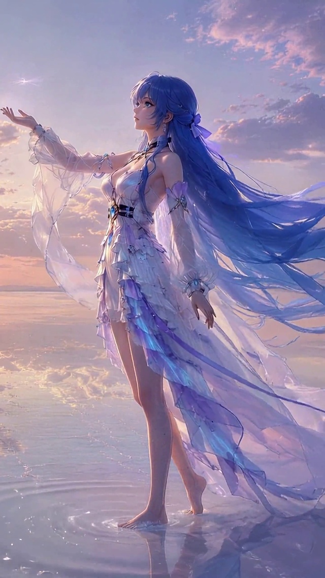 唯美盐湖日落蓝发美少女