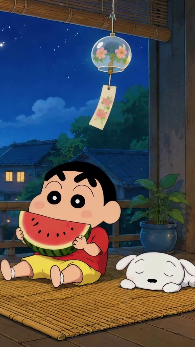 蜡笔小新夏夜庭院吃西瓜